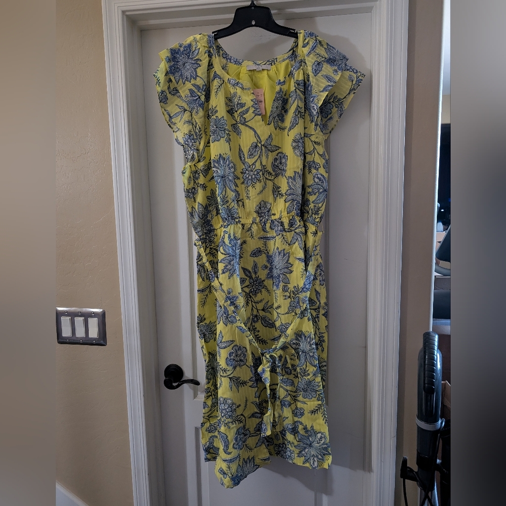 Loft Plus Floral Bright Yellow/Lime and Blue Dress Size 26